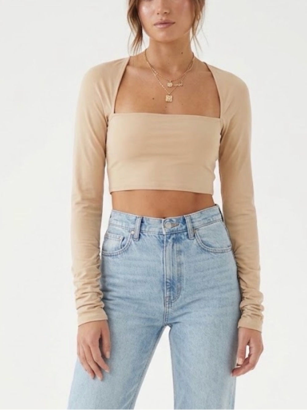 WeWoreWhat Square-Neck Layered Ruched Long Sleeve Crop Top
